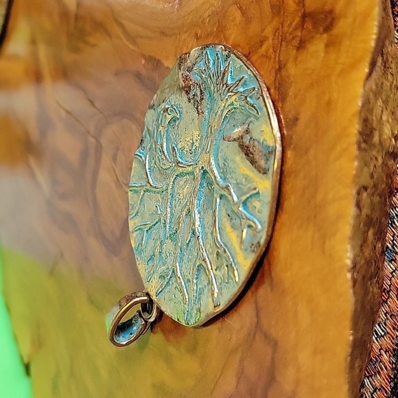 Pale Golden & Teal Colored Tree Of Life And Moon  Bigger Pendant - Picture 4 of 7